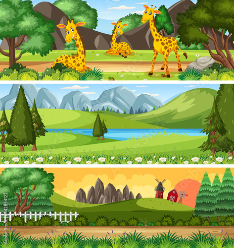Set of different panoramic nature landscape with cartoon character