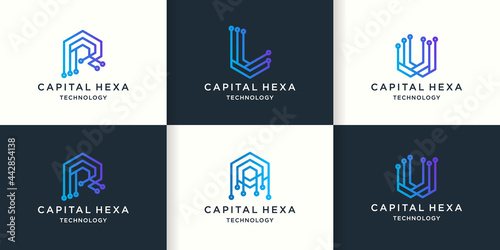 hexagon letter r l u a logo with circuit concept