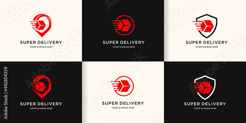 delivery logo,box in pin, circle, and shield