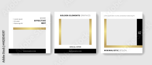 Clean editable social media set layouts with place for photos with gold elements, black accent, square business graphic templates for instagram and facebook, elegant design with minimalistic style