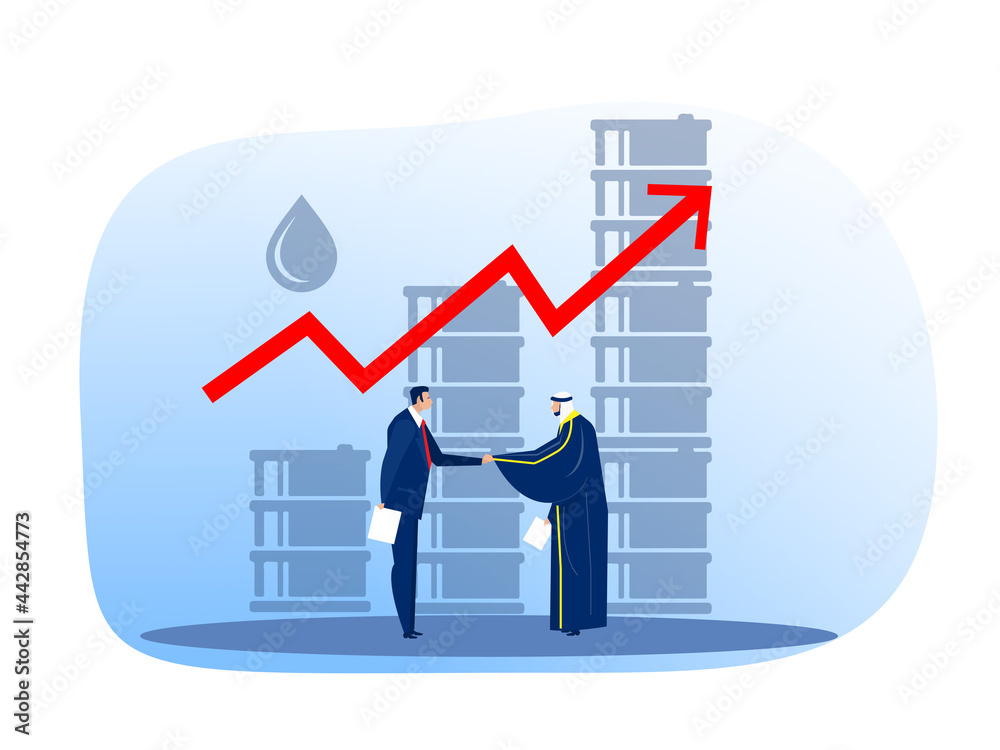Arabic muslim oil businessman matching with european buyer, oil trade flat vector illustration