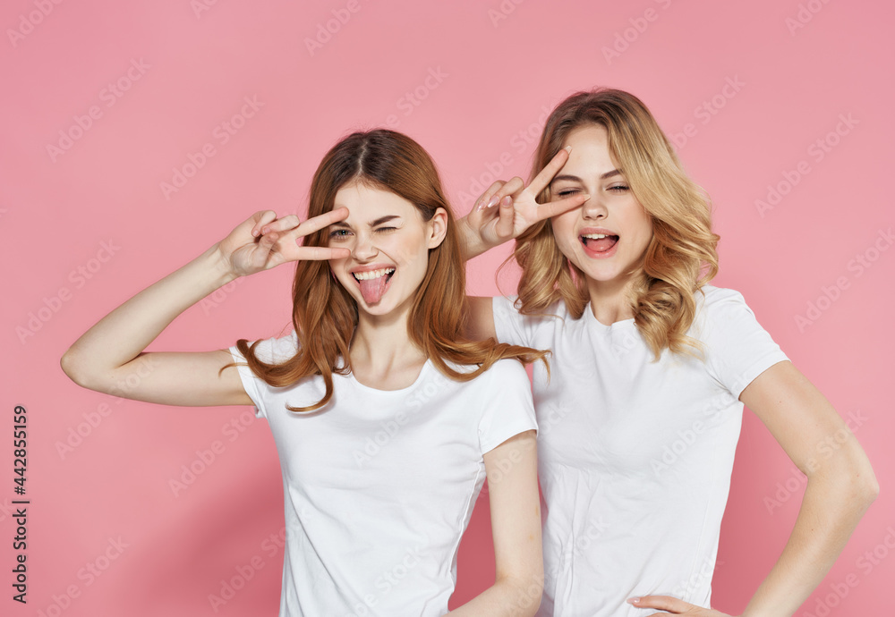 funny girlfriends hugs emotion friendship lifestyle pink background funny girlfriends hugs emotion friendship lifestyle pink background