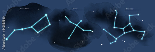 An illustration of the starry sky with a view of  constellations Cygnus, Ursa Major, Hercules. Can be used for your design.