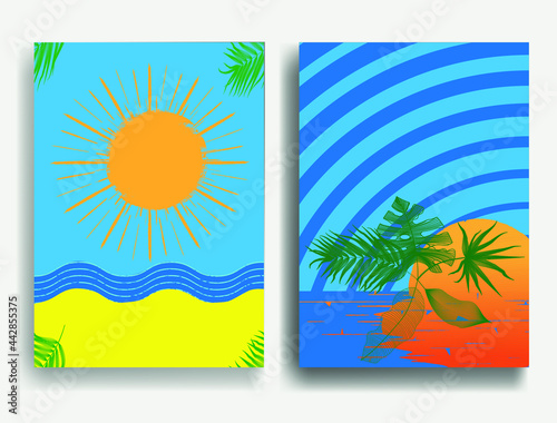 Minimal design element . Sun, sand beach , tropical leaves and blue abstract waves . Sunset logo element. Bohemian art . Vector  illustration. 