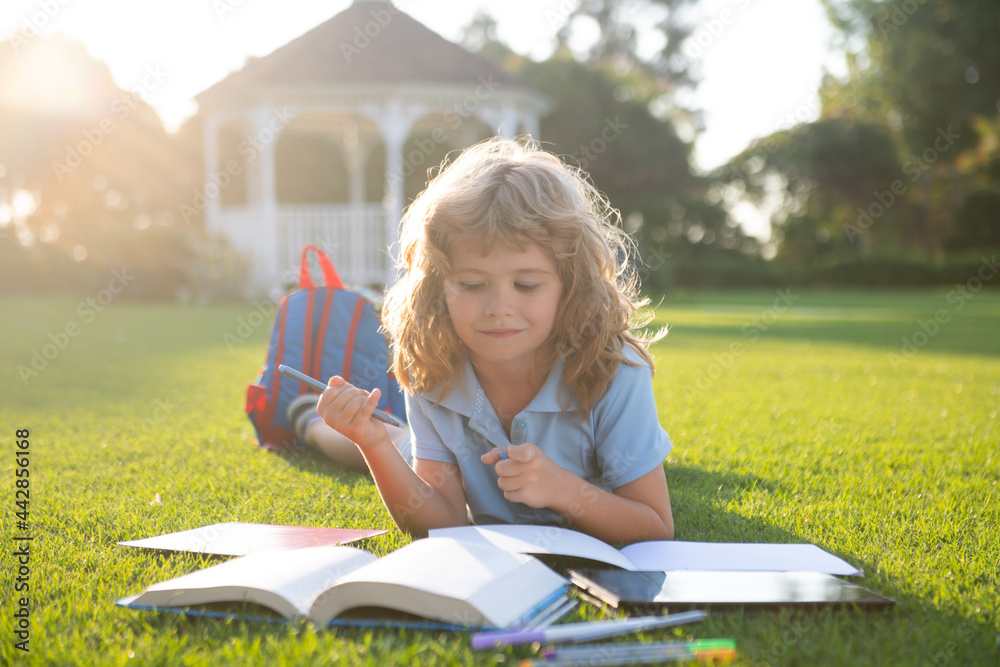 Little boy reading a book in summer sunset light. Preparation for school and international literacy day. Back to school concept. Little boy reading a book in summer sunset light. Preparation for school and international literacy day. Back to school concept.