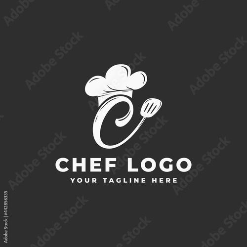 hat chef logo for restaurant symbol, cafe, food delivery, food stalls, with initial letter C combination and spatula icon vector illustration