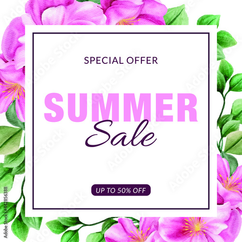 Colorful watercolor background with flowers. Style with a copy for text. The backdrop for greeting cards, sales, advertisements, invitations, posters, banners, and placards.