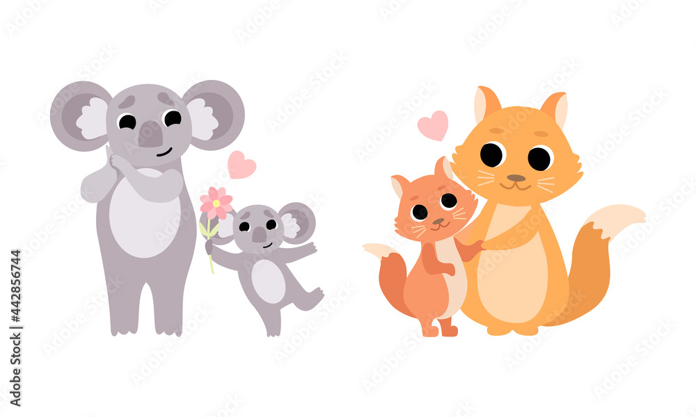 Fototapeta premium Cute Little Baby Animals and Their Moms Set, Adorable Koala and Squirrel Families Cartoon Vector Illustration