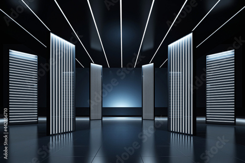 Elegant futuristic light and reflection with grid line background. Fashion podium. Catwalk runway stage. Night club empty room interior, tunnel or corridor, glowing panels. 3d render
