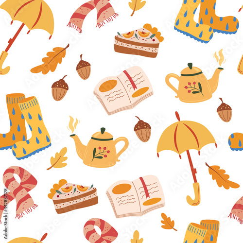 Autumn mood seamless pattern. Traditional autumn symbols decorative backdrop. Foliage, food, warm clothes illustration. Fall season attributes texture. Cozy Autumn. Vector illustration