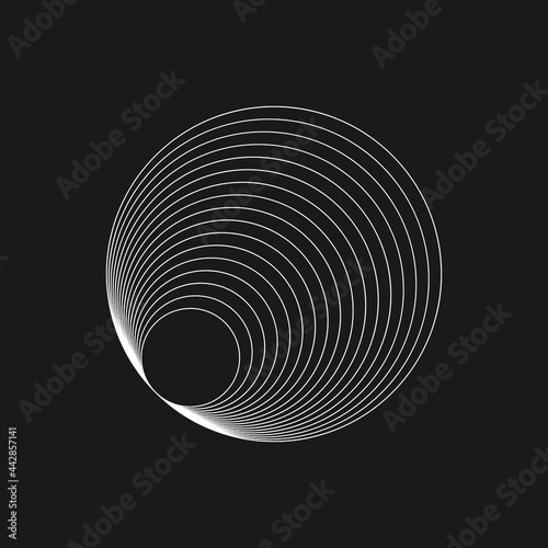 Retrofuturistic radial figure. Cyberpunk geometry of planet. Digital retro circle shape. Design element for poster, cover, merch in retrowave style. Vector