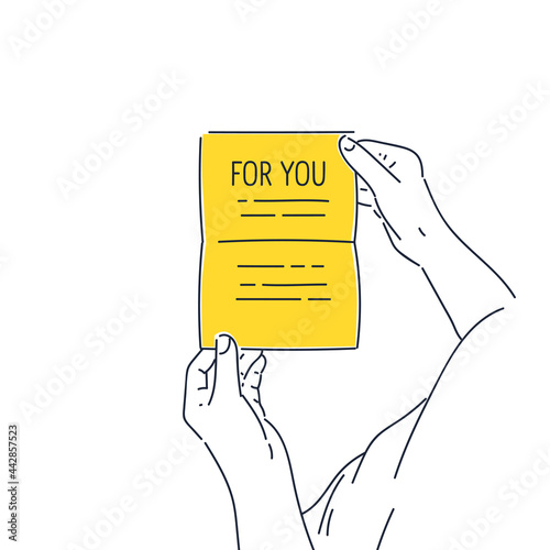 A persons hand is holding a greeting card. The person reads the text of the letter. The vector illustration.