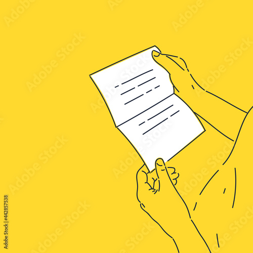 A persons hand is holding a greeting card. The person reads the text of the letter. The vector illustration.
