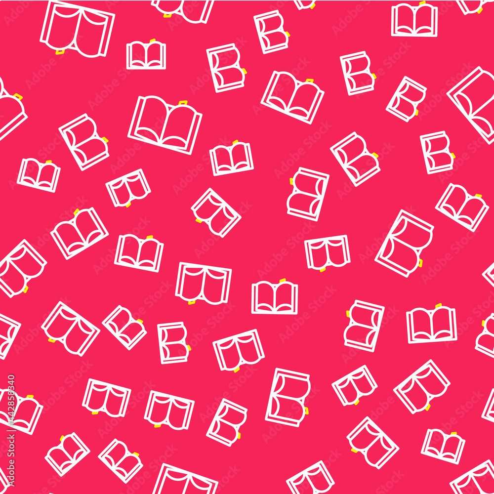 Line Open book icon isolated seamless pattern on red background. Vector