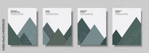 Unique green color abstract mountain background cover. Book cover with mountain outline. wall art with unique striped mountains. Mountain with unique line style for poster, print, cover, wallpaper, et