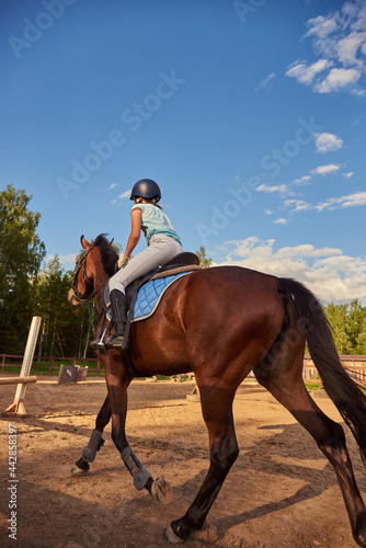 A girl rider on a horse jumps over an obstacle. Equestrian competitions.