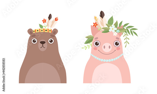 Set of Lovely Animal in Wreath of Flowers, Spring Portraits of Cute Bear and Pig Baby Animals Cartoon Vector Illustration
