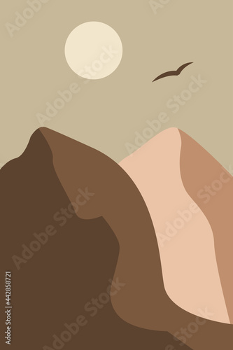 Minimalist landscape with mountains at the sunset. Abstract modern vector illustration for wall decoration  t shirt print  social media background etc
