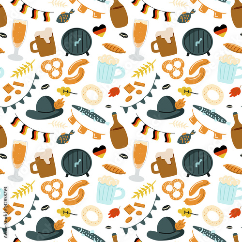 Octoberfest beer festival seamless pattern isolated on white background. Hand drawn vector illustration in doodle color style