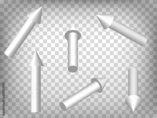 Set of perspective projections 3d cylindrical arrows model icons on transparent background.  3d arrows.  Abstract concept of graphic elements for your web site design, app, UI. EPS 10  