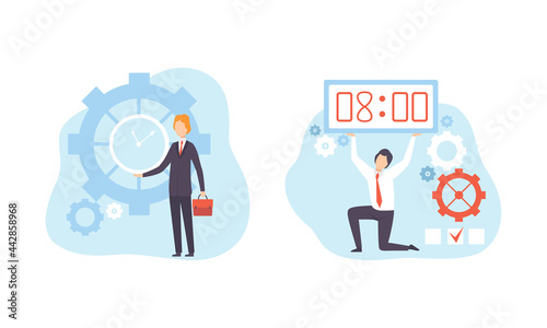 Time Management Concept, Office Workers Working next to Clock Planning Working Process Flat Vector Illustration