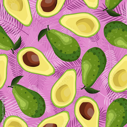 Seamless avocado background. Avocado fruits and tropical leaves on a pink background. Vector illustration for design and web.