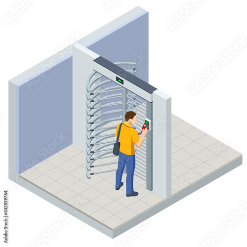 Isometric Full height turnstile security system. Security gates. Access control equipment. Magnetic card access turnstiles. Electronic turnstile. Automatic checkpoint. Building security photo