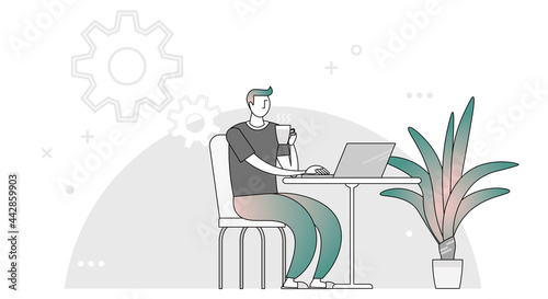 リモートワークをしている男性のフラットイラスト