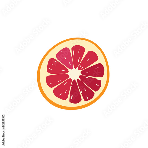 A round juicy slice of ripe grapefruit, isolated on a white background. Healthy and vitamin-rich fruits