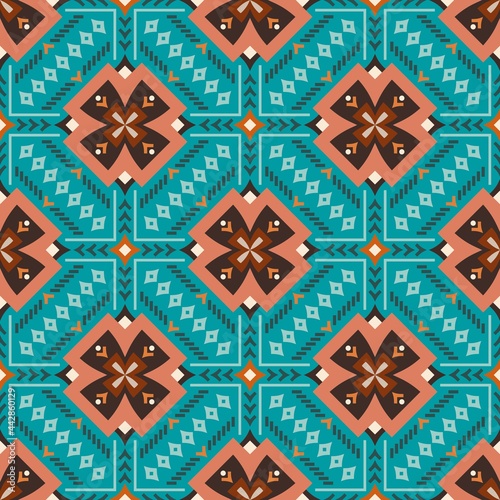 Geometrics on bright blue. Curved rhombuses, v shapes, dots, lines and other elements in earthy shades. Perfect for variety of application from interior decor to paper products and web digital realm.