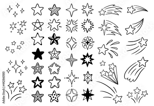 Vector set of different stars. Sketch star shapes  black starburst doodle signs. Hand-drawn  doodle elements isolated on white background.