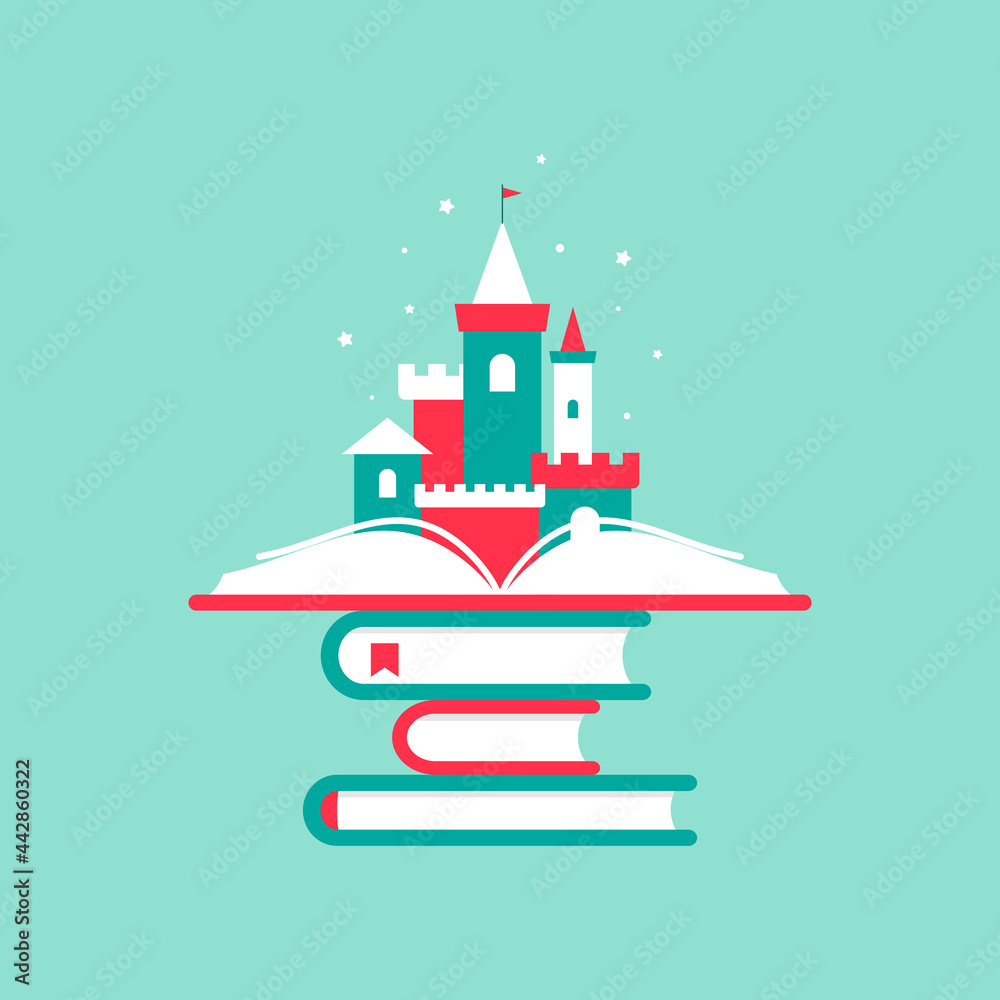 Open red book with castle and stars isolated on powder blue background.