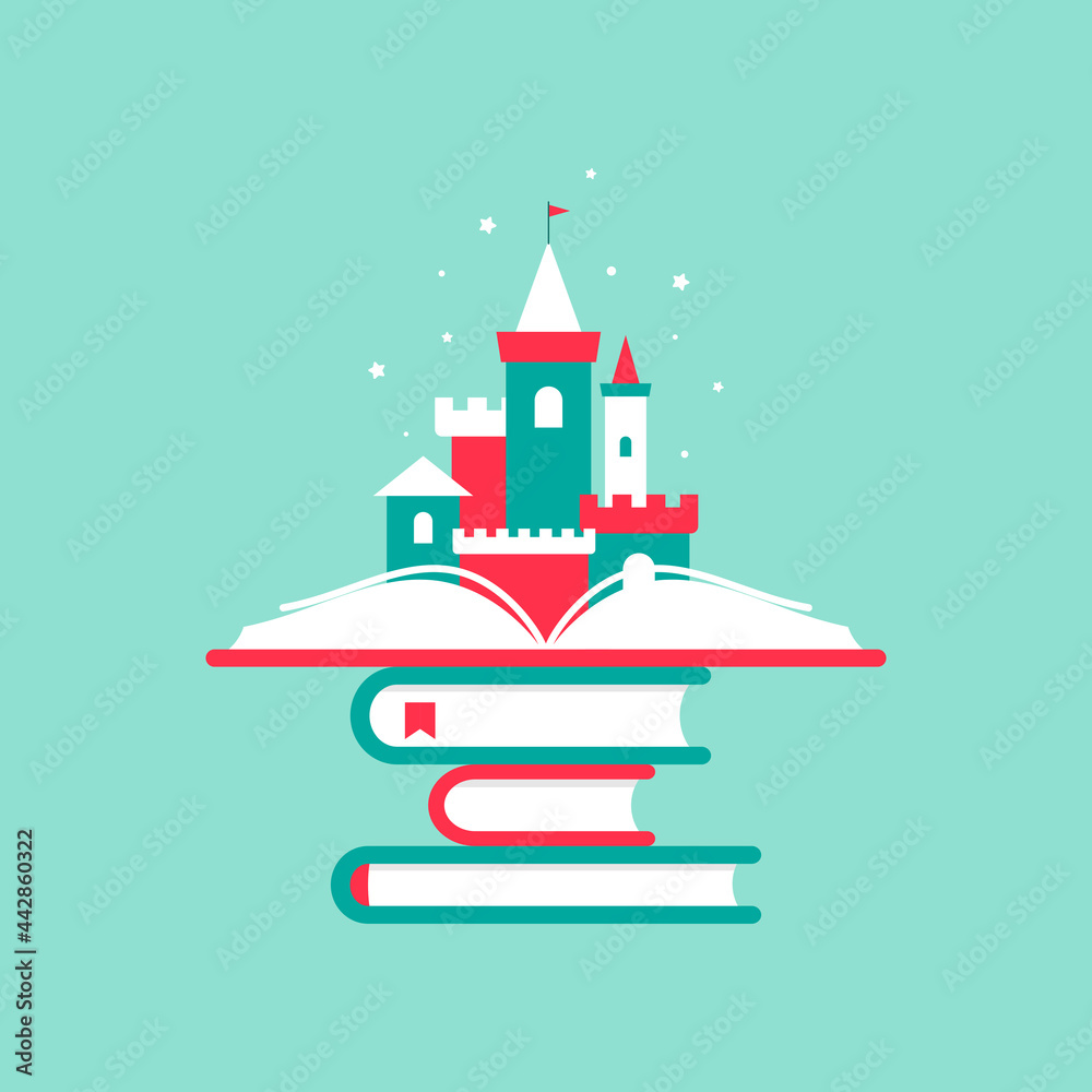 Open red book with castle and stars isolated on powder blue background. Open red book with castle and stars isolated on powder blue background.