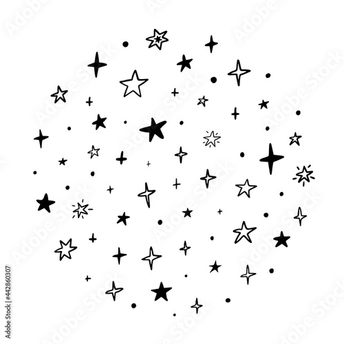 Hand-drawn stars illustration. Star shapes in the circle. Doodle elements isolated on white background.