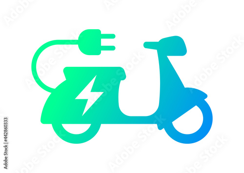 Electric motorcycle with plug pictogram icon symbol design, EV scooter hybrid vehicles charging point logotype, Eco vehicle concept, Vector illustration