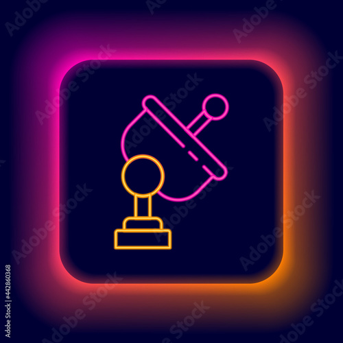 Glowing neon line Radar icon isolated on black background. Search system. Satellite sign. Colorful outline concept. Vector