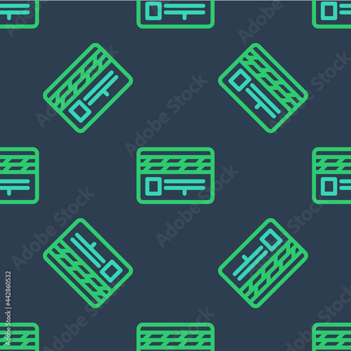 Line Movie clapper icon isolated seamless pattern on blue background. Film clapper board. Clapperboard sign. Cinema production or media industry. Vector