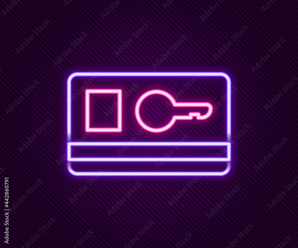 Glowing neon line Key card icon isolated on black background. Colorful outline concept. Vector Glowing neon line Key card icon isolated on black background. Colorful outline concept. Vector