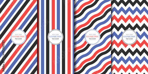 Red and blue stripes seamless pattern set. Horizontal and zigzag stripes. Red blue striped pattern set.