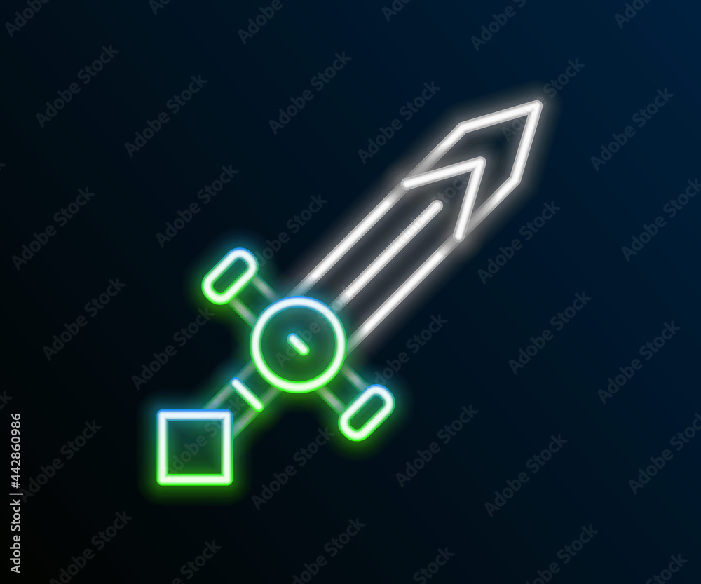 Glowing neon line Medieval sword icon isolated on black background. Medieval weapon. Colorful outline concept. Vector Glowing neon line Medieval sword icon isolated on black background. Medieval weapon. Colorful outline concept. Vector