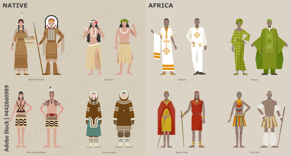A collection of traditional costumes by country. Indigenous peoples and  Africans. vector design illustrations. Stock Vector | Adobe Stock