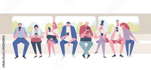 All the passengers on the subway are looking at their cell phones. vector design illustrations.