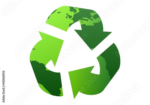 Símbolo de reciclaje con el planeta Tierra verde de relleno sobre fondo blanco