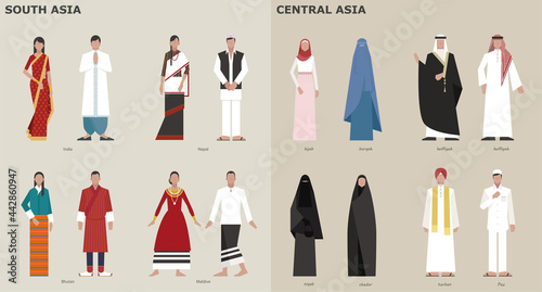 A collection of traditional costumes by country. Central Asia. vector design illustrations.