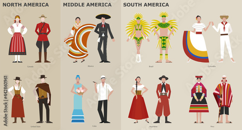 A collection of traditional costumes by country. America. vector design illustrations.