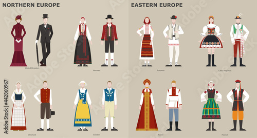 A collection of traditional costumes by country. Europe. vector design illustrations.