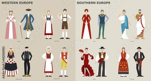 A collection of traditional costumes by country. Europe. vector design illustrations.