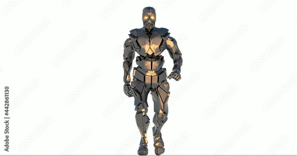 schwarzer humanoider Roboter geht frontal auf mich zu schwarzer humanoider Roboter geht frontal auf mich zu