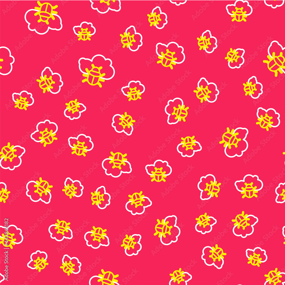 Line System bug on a cloud icon isolated seamless pattern on red background. Cloud computing design concept. Digital network connection. Vector Line System bug on a cloud icon isolated seamless pattern on red background. Cloud computing design concept. Digital network connection. Vector