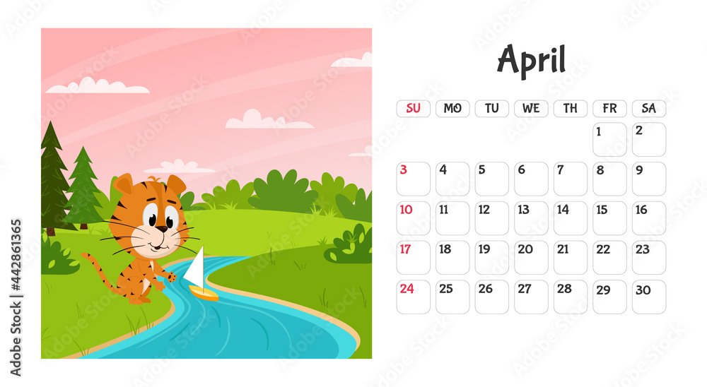 Fototapeta premium Horizontal desktop calendar page template for April 2022 with a cartoon tiger symbol of the Chinese year. The week starts on Sunday. Tiger launches a boat on the stream